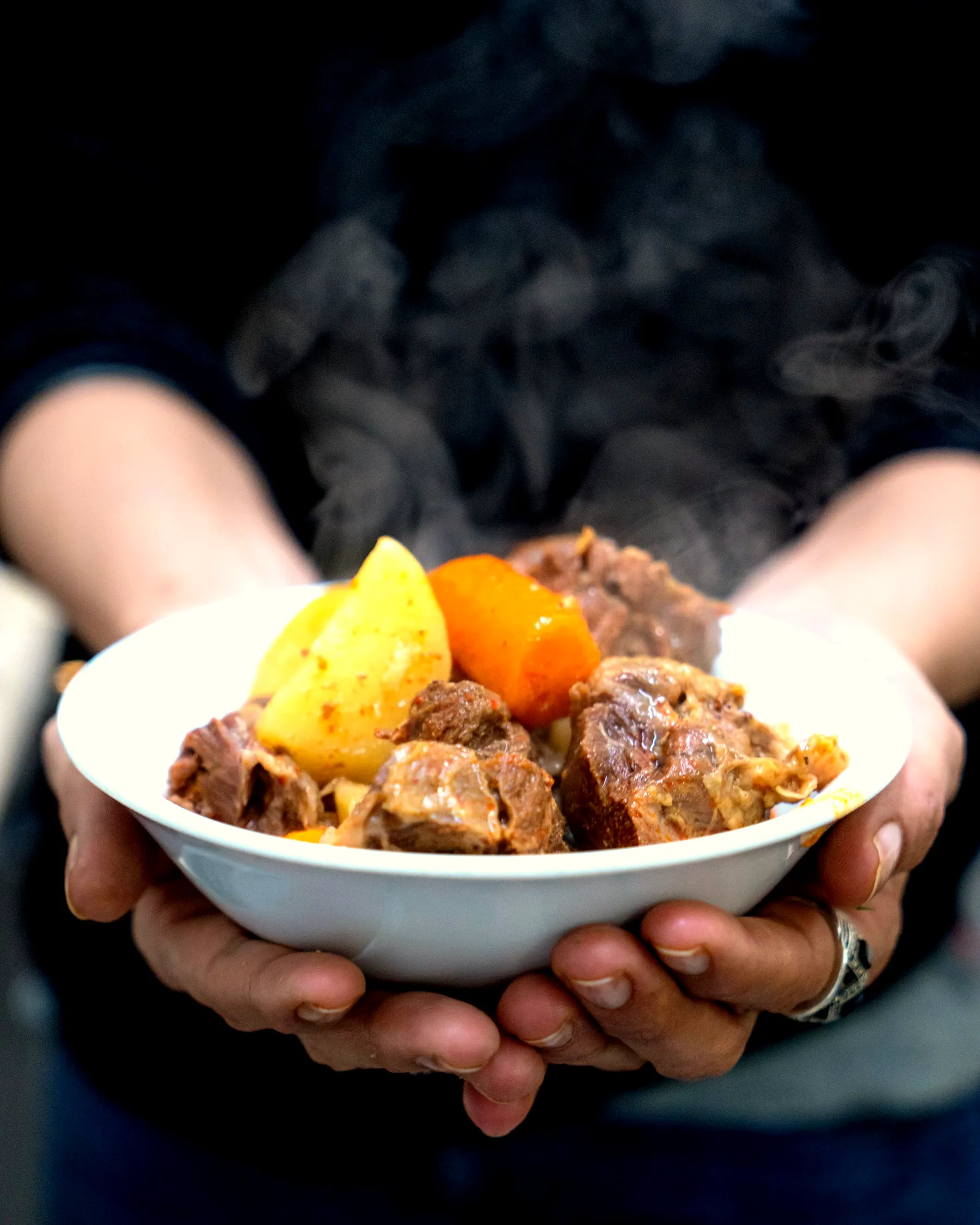 Hands holding a steaming bowl of home made beef stew
